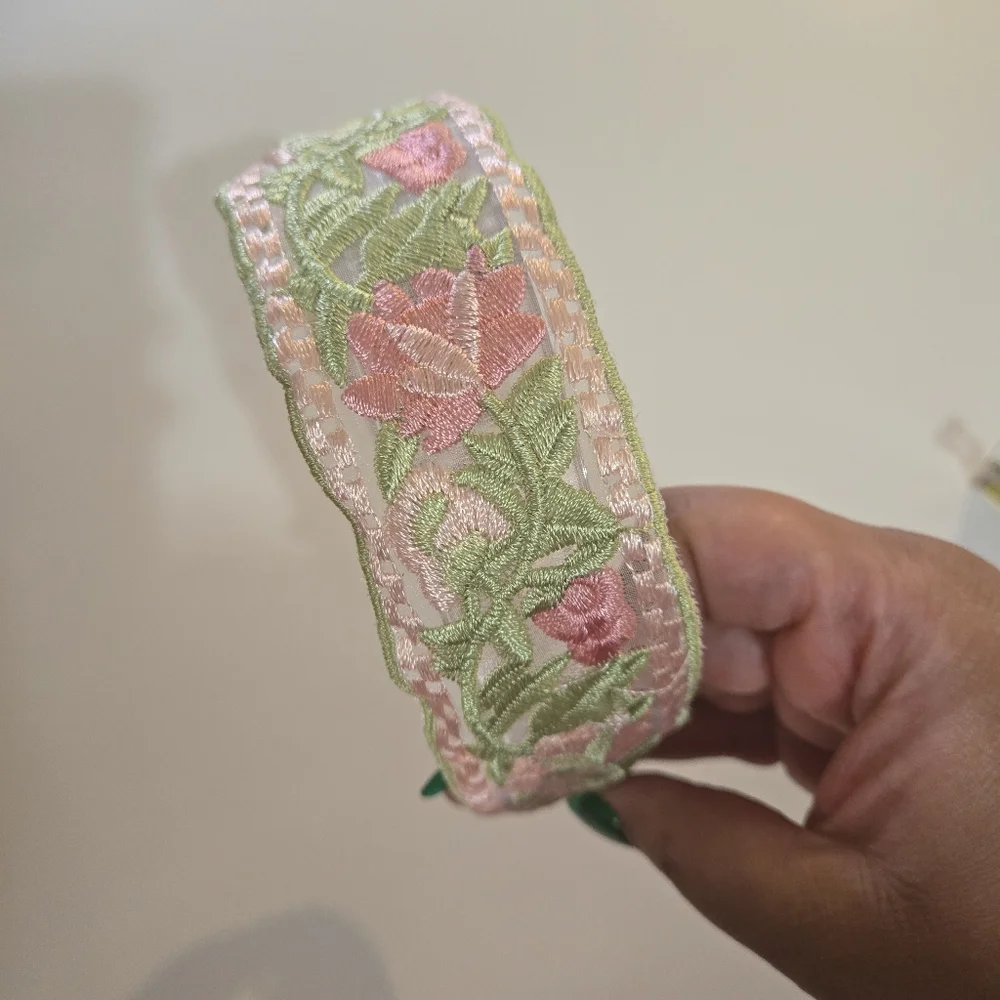 Pink & Green Floral Embroidered Headband